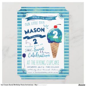 Ice Cream Social Birthday Party Invitations - Boy