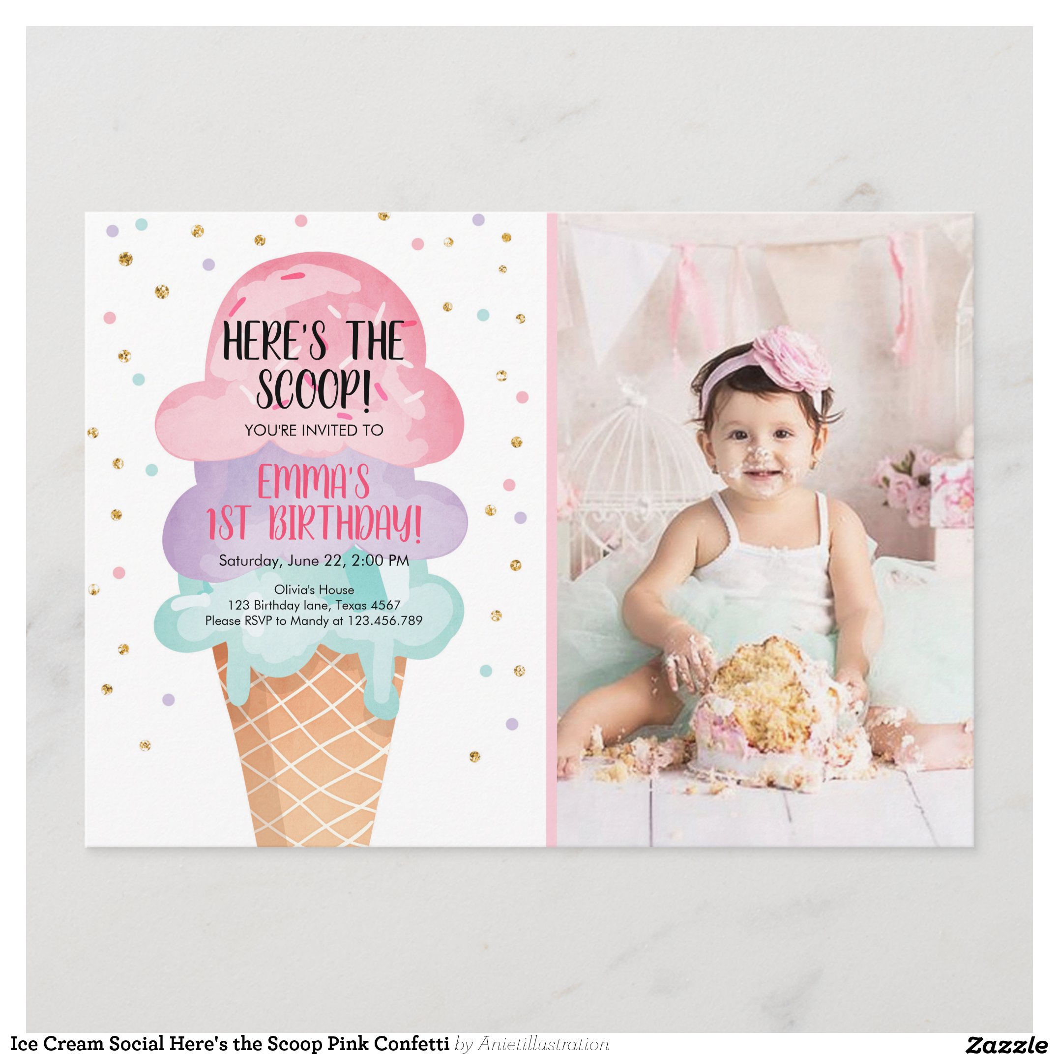 Ice Cream Social Here's the Scoop Pink Confetti Invitation
