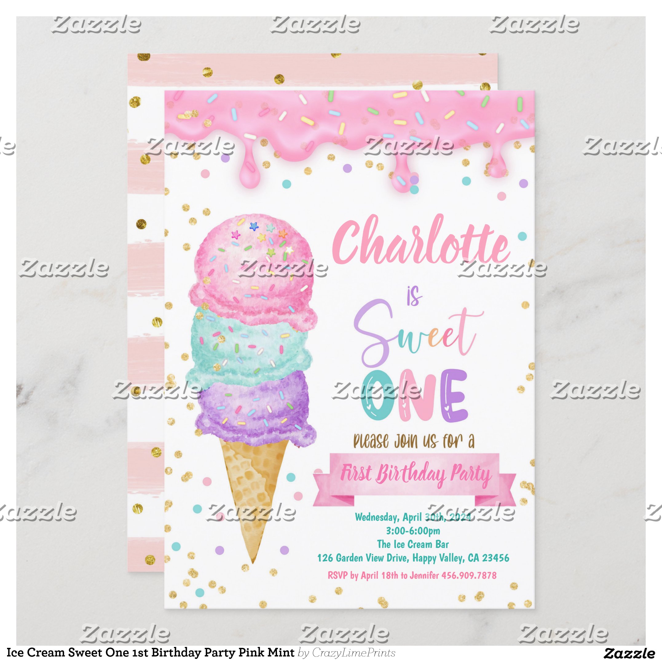 Ice Cream Sweet One 1st Birthday Party Pink Mint Invitation