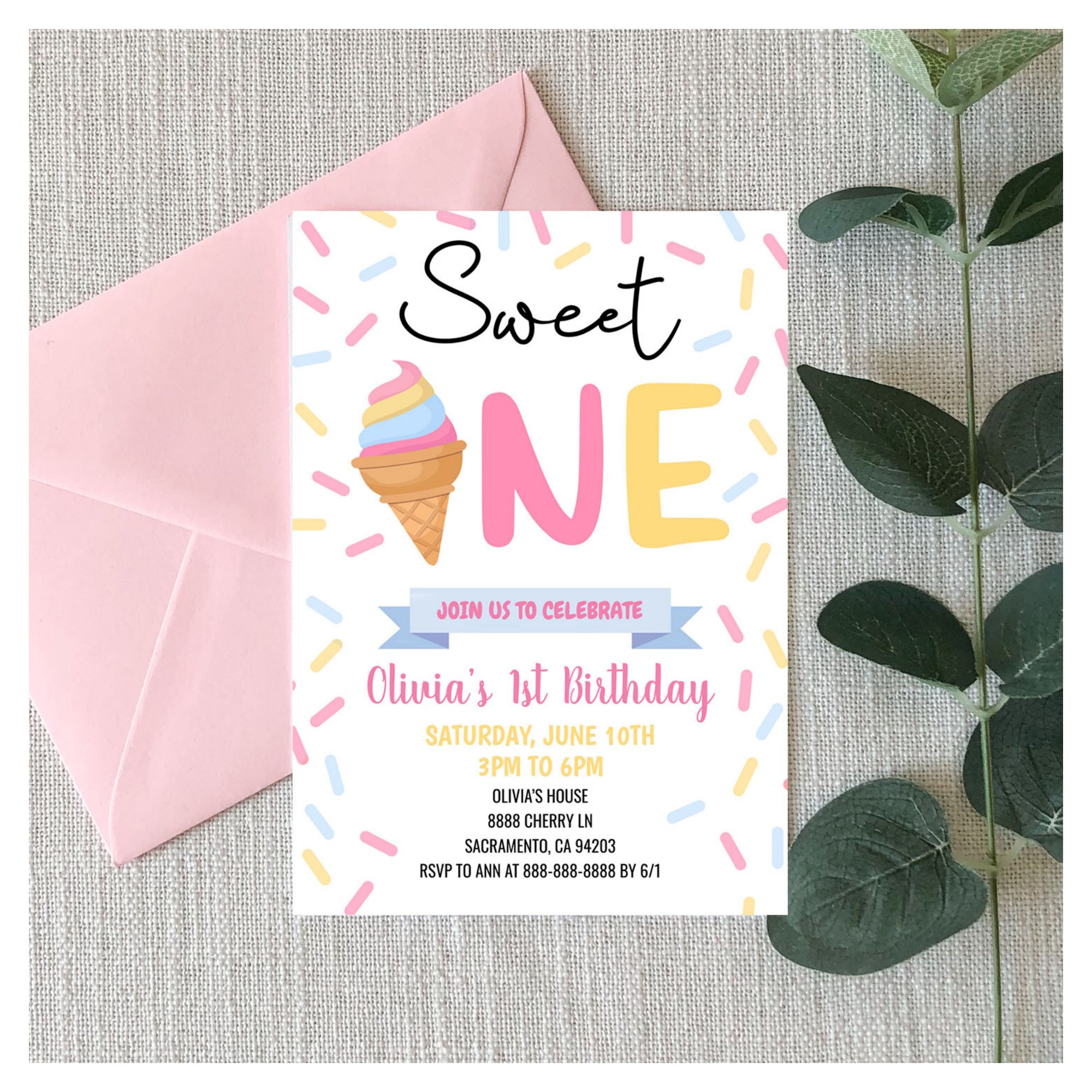 Ice Cream Sweet One 1st First Birthday Party Invitation