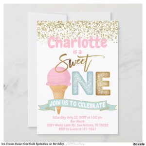Ice Cream Sweet One Gold Sprinkles 1st Birthday Invitation
