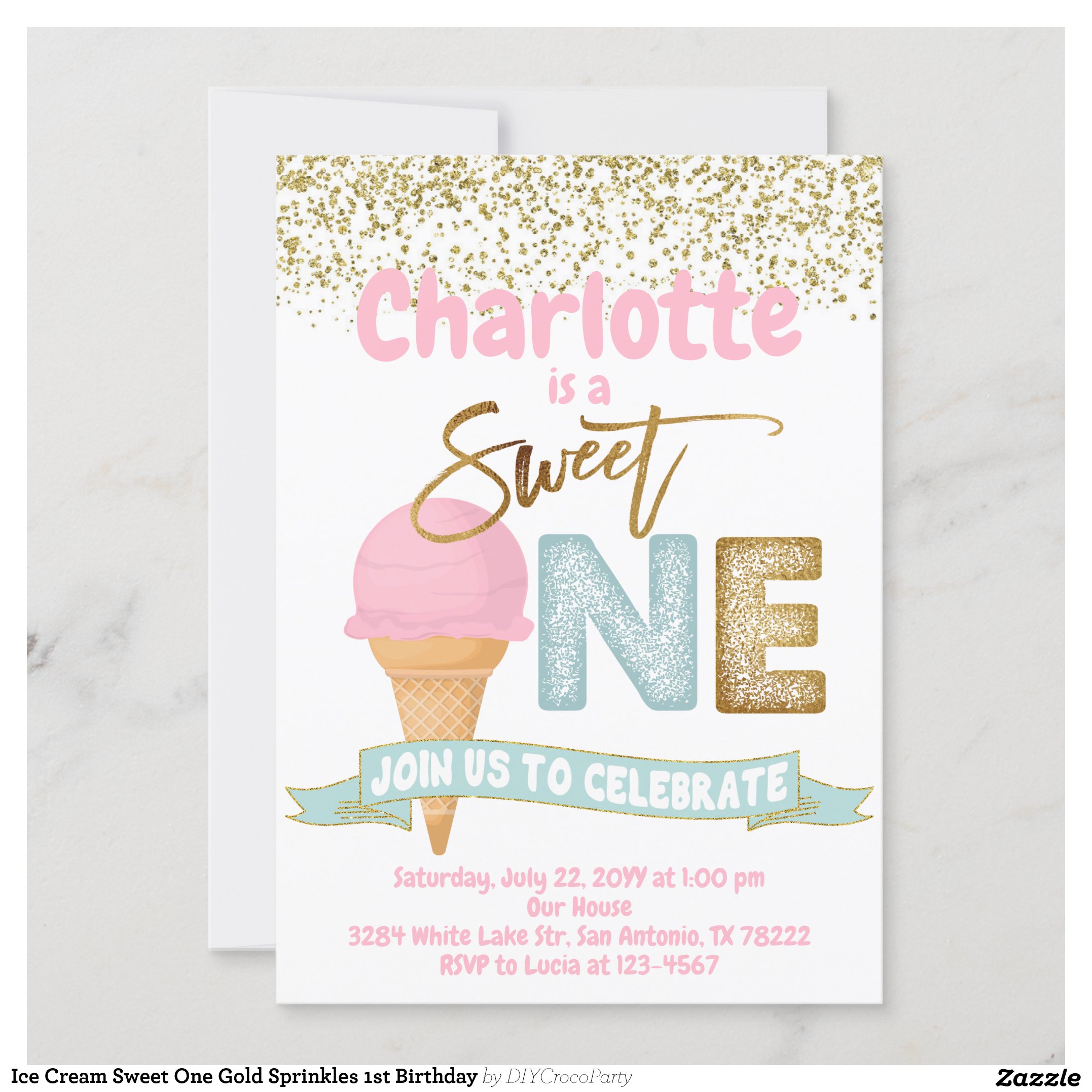 Ice Cream Sweet One Gold Sprinkles 1st Birthday Invitation