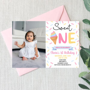 Ice Cream Sweet One Photo 1st First Birthday Party Invitation