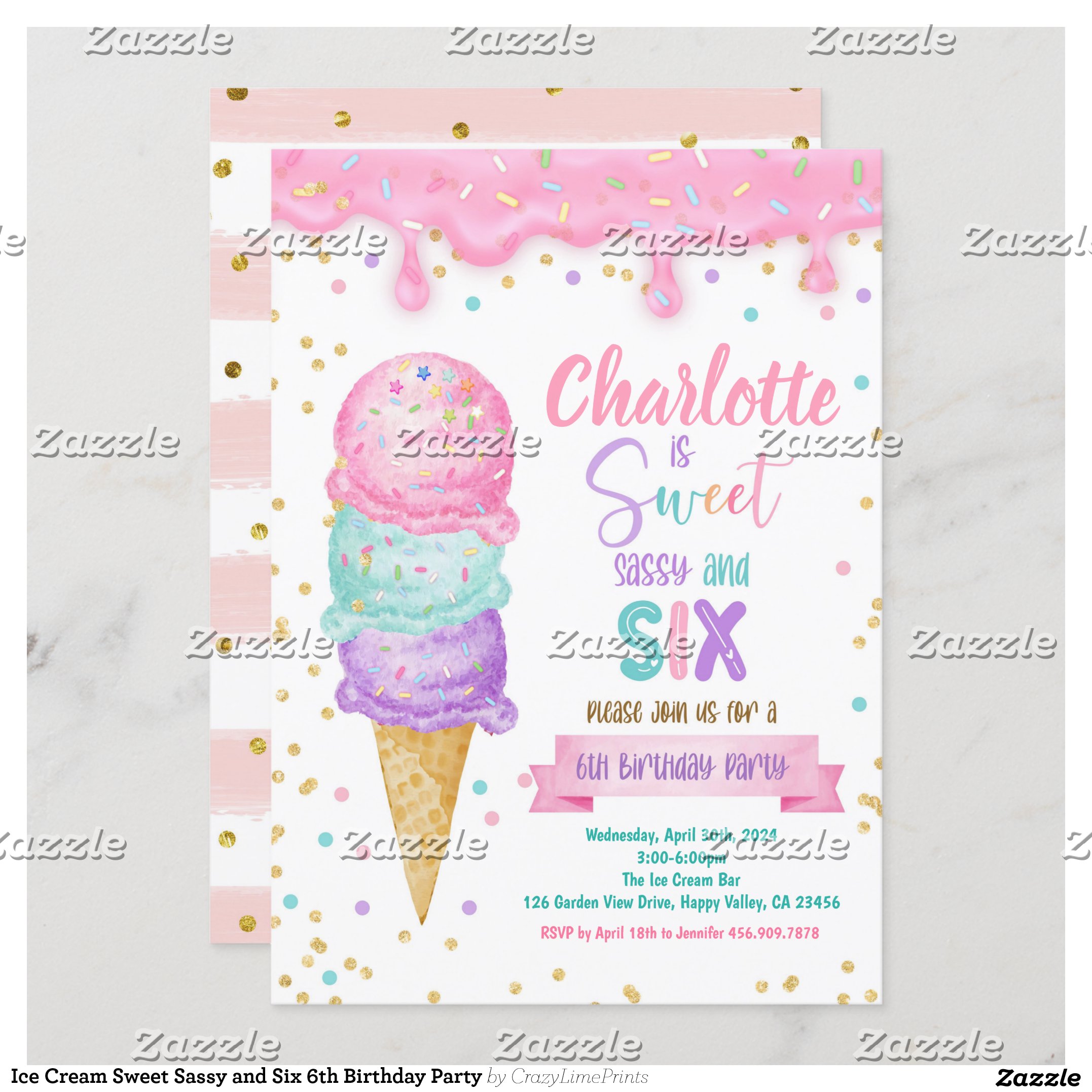 Ice Cream Sweet Sassy and Six 6th Birthday Party Invitation
