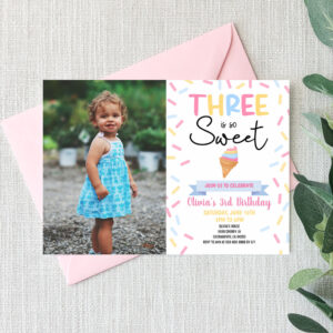 Ice Cream Three Is Sweet 3rd Third Birthday Party Invitation