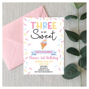 Ice Cream Three Is Sweet 3rd Third Birthday Party Invitation