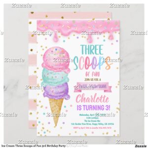 Ice Cream Three Scoops of Fun 3rd Birthday Party Invitation