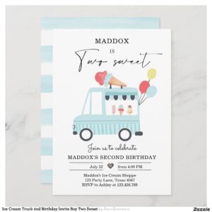 Ice Cream Truck 2nd Birthday Invite Boy Two Sweet