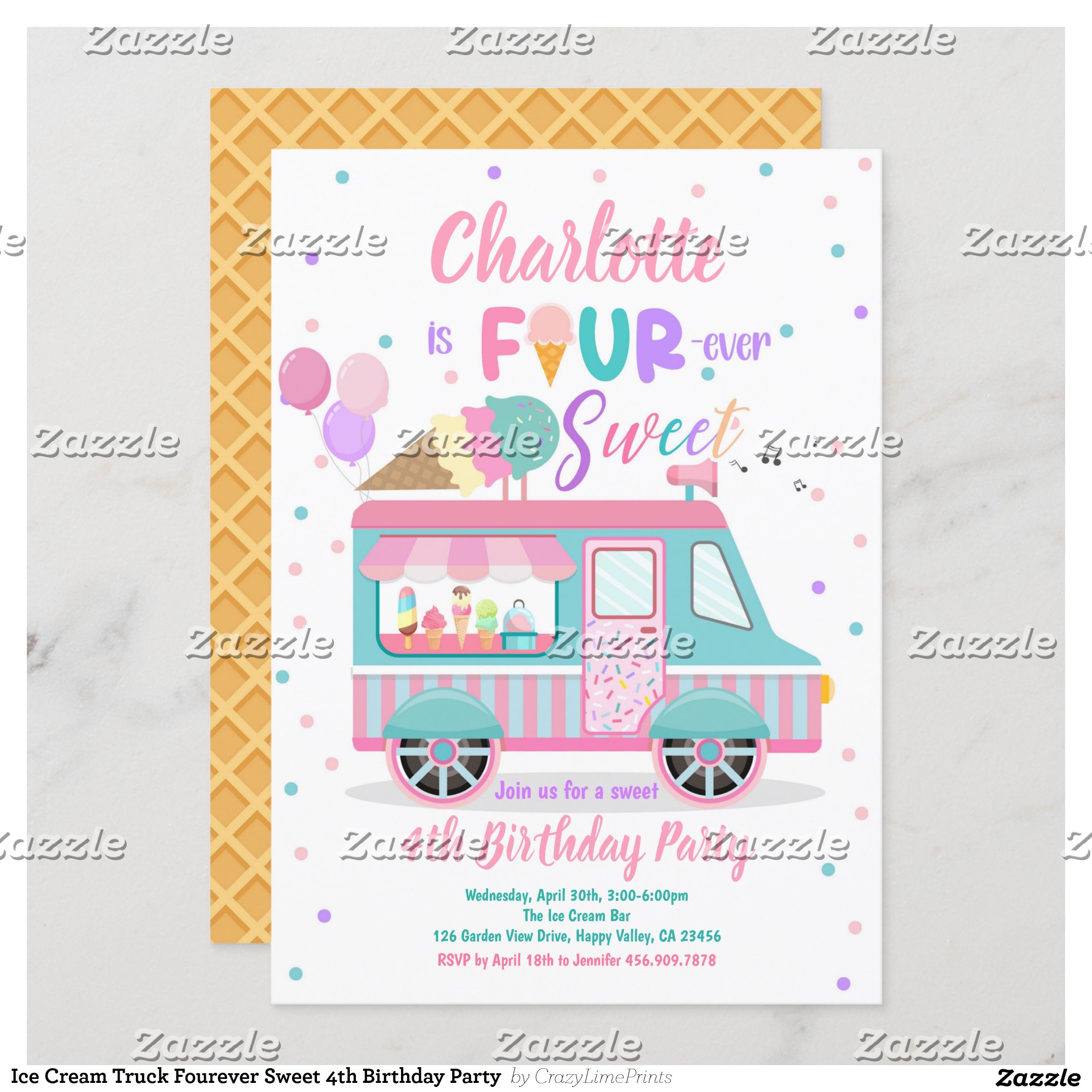 Ice Cream Truck Fourever Sweet 4th Birthday Party Invitation