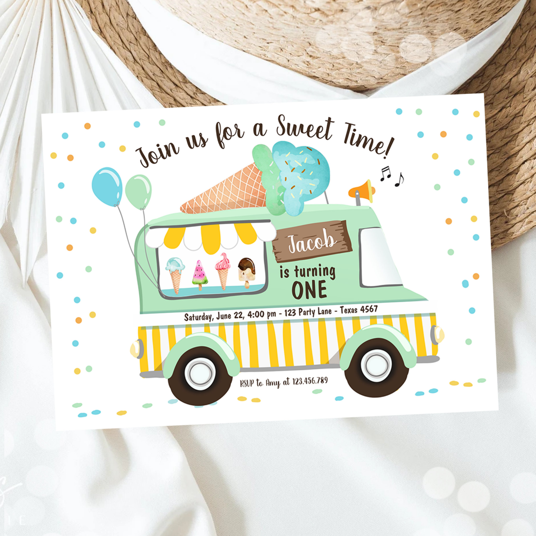 Ice Cream Truck Mint Blue Boy First Birthday Invitation