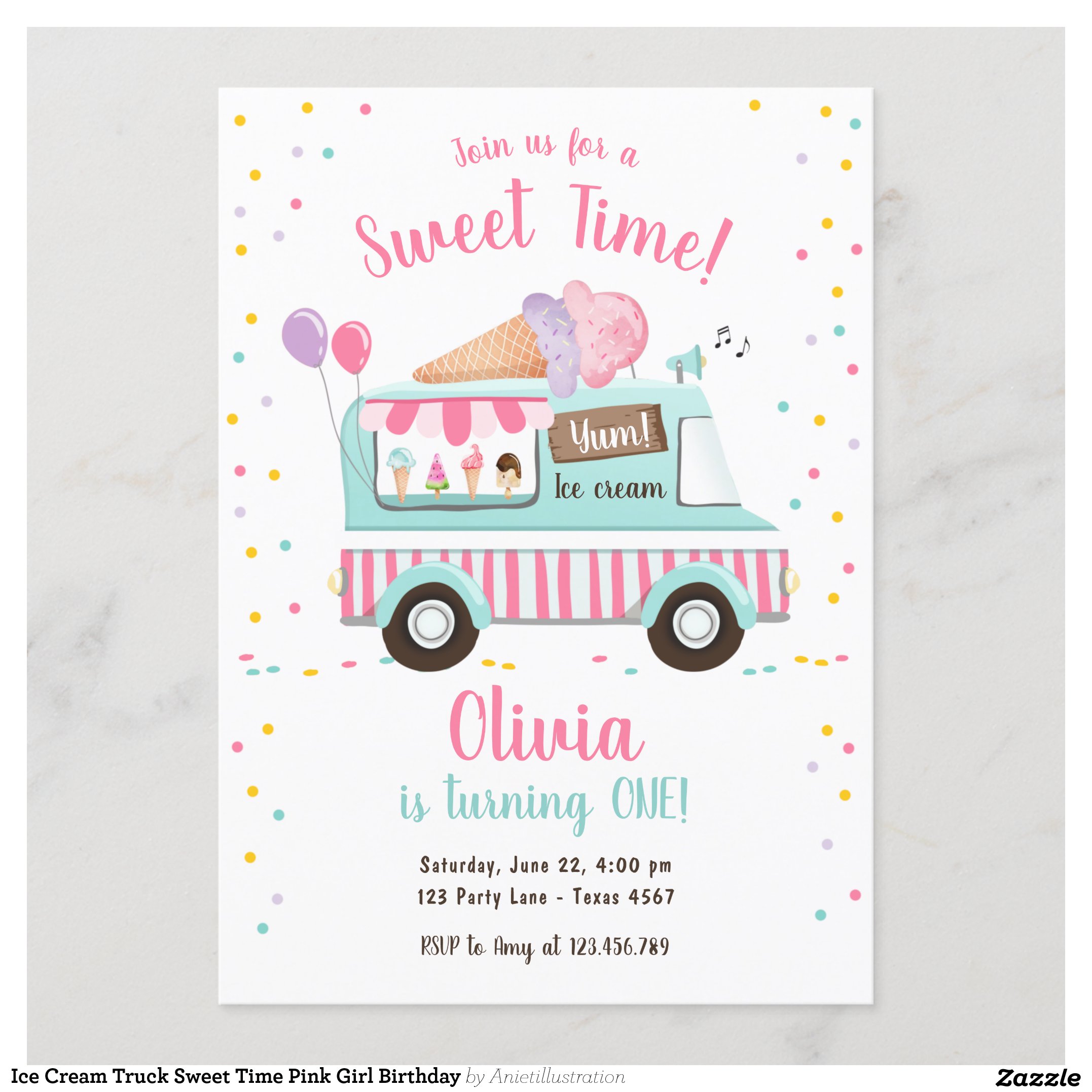 Ice Cream Truck Sweet Time Pink Girl Birthday Invitation