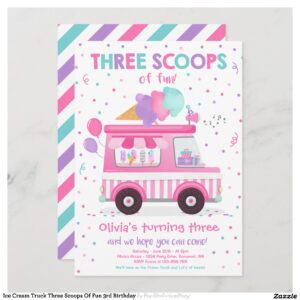 Ice Cream Truck Three Scoops Of Fun 3rd Birthday Invitation