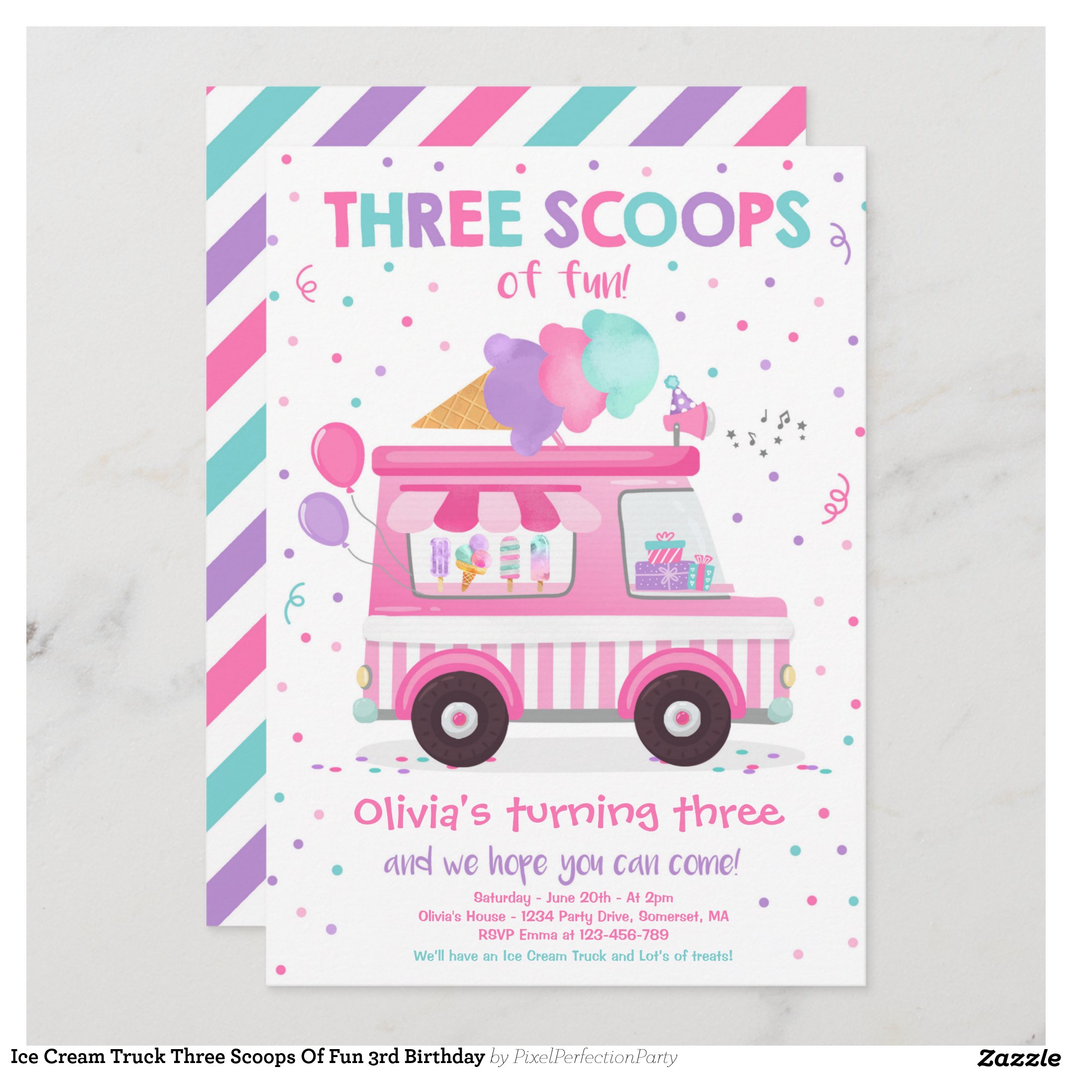 Ice Cream Truck Three Scoops Of Fun 3rd Birthday Invitation