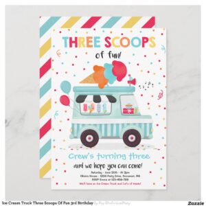 Ice Cream Truck Three Scoops Of Fun 3rd Birthday Invitation