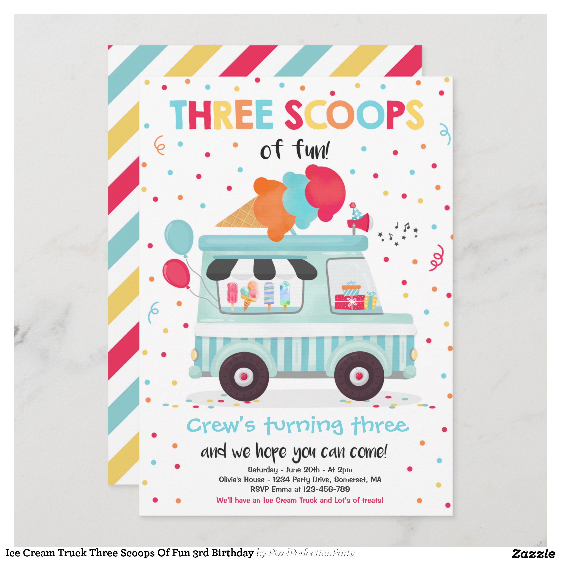 Ice Cream Truck Three Scoops Of Fun 3rd Birthday Invitation