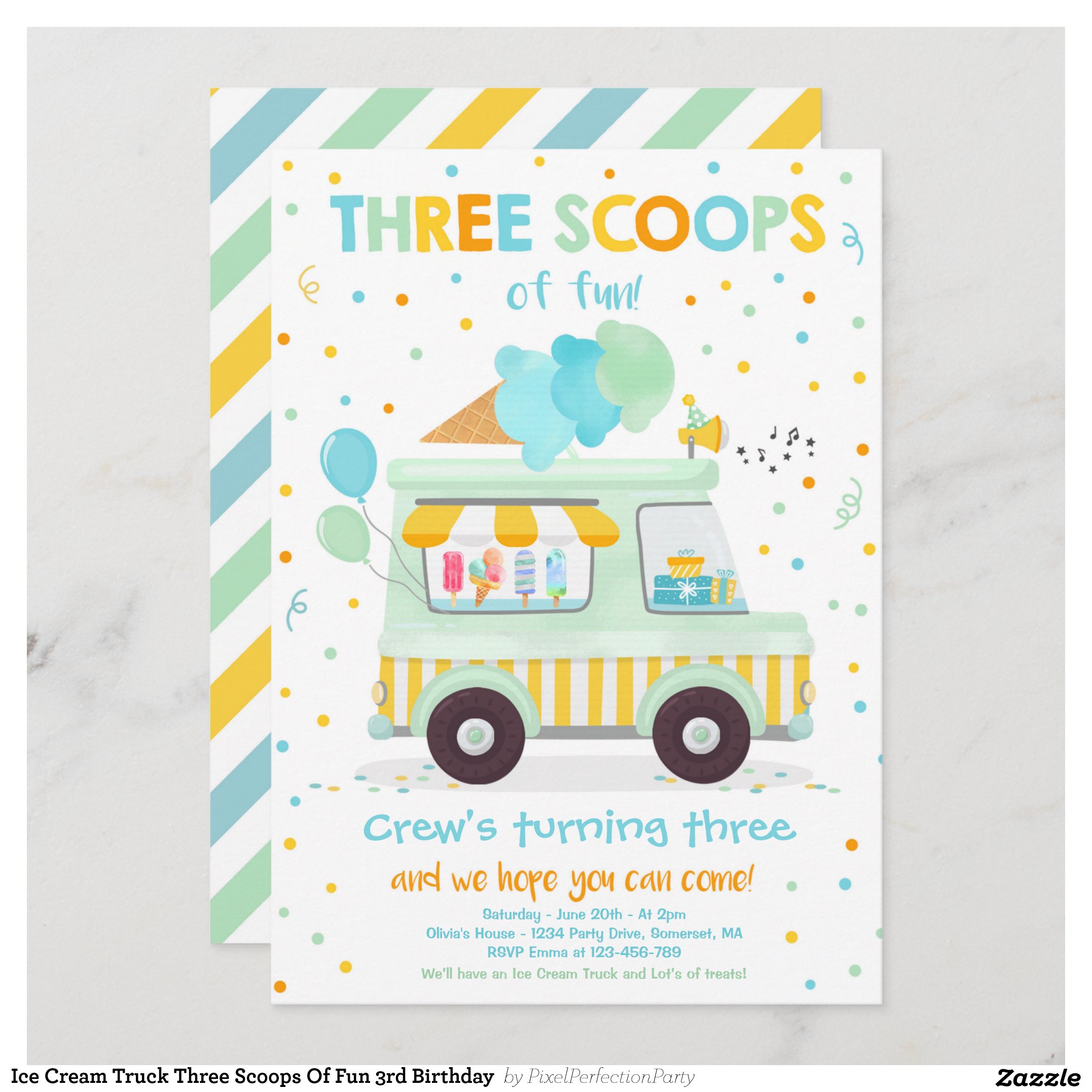Ice Cream Truck Three Scoops Of Fun 3rd Birthday Invitation