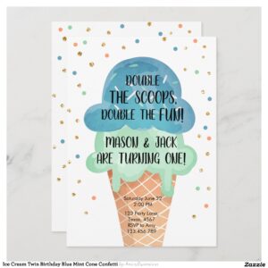 Ice Cream Twin Birthday Blue Mint Cone Confetti Invitation