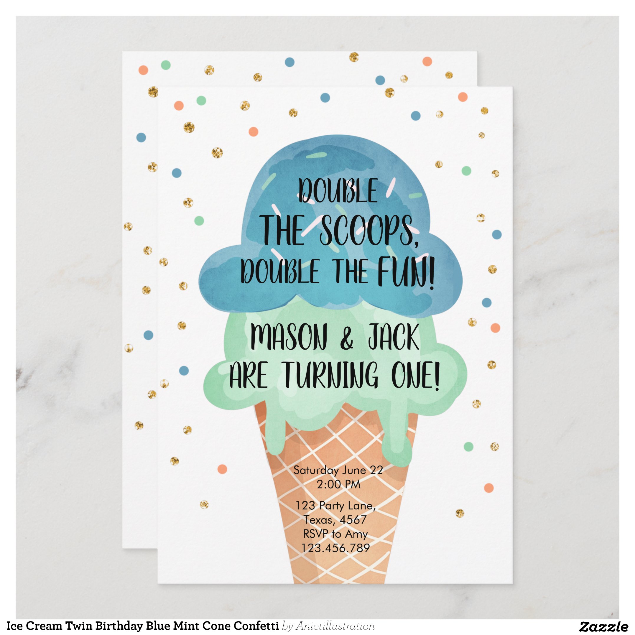 Ice Cream Twin Birthday Blue Mint Cone Confetti Invitation