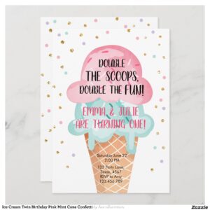 Ice Cream Twin Birthday Pink Mint Cone Confetti Invitation
