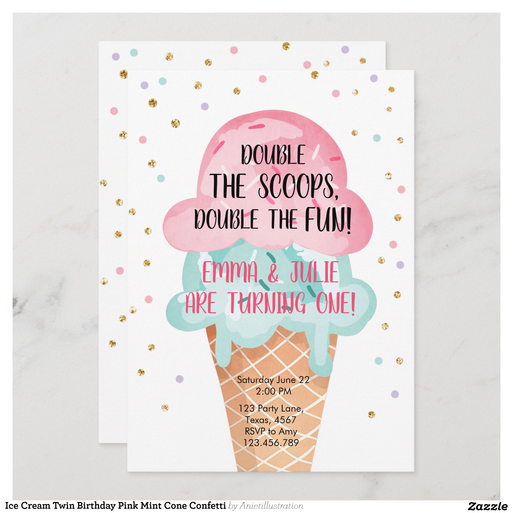 Ice Cream Twin Birthday Pink Mint Cone Confetti Invitation