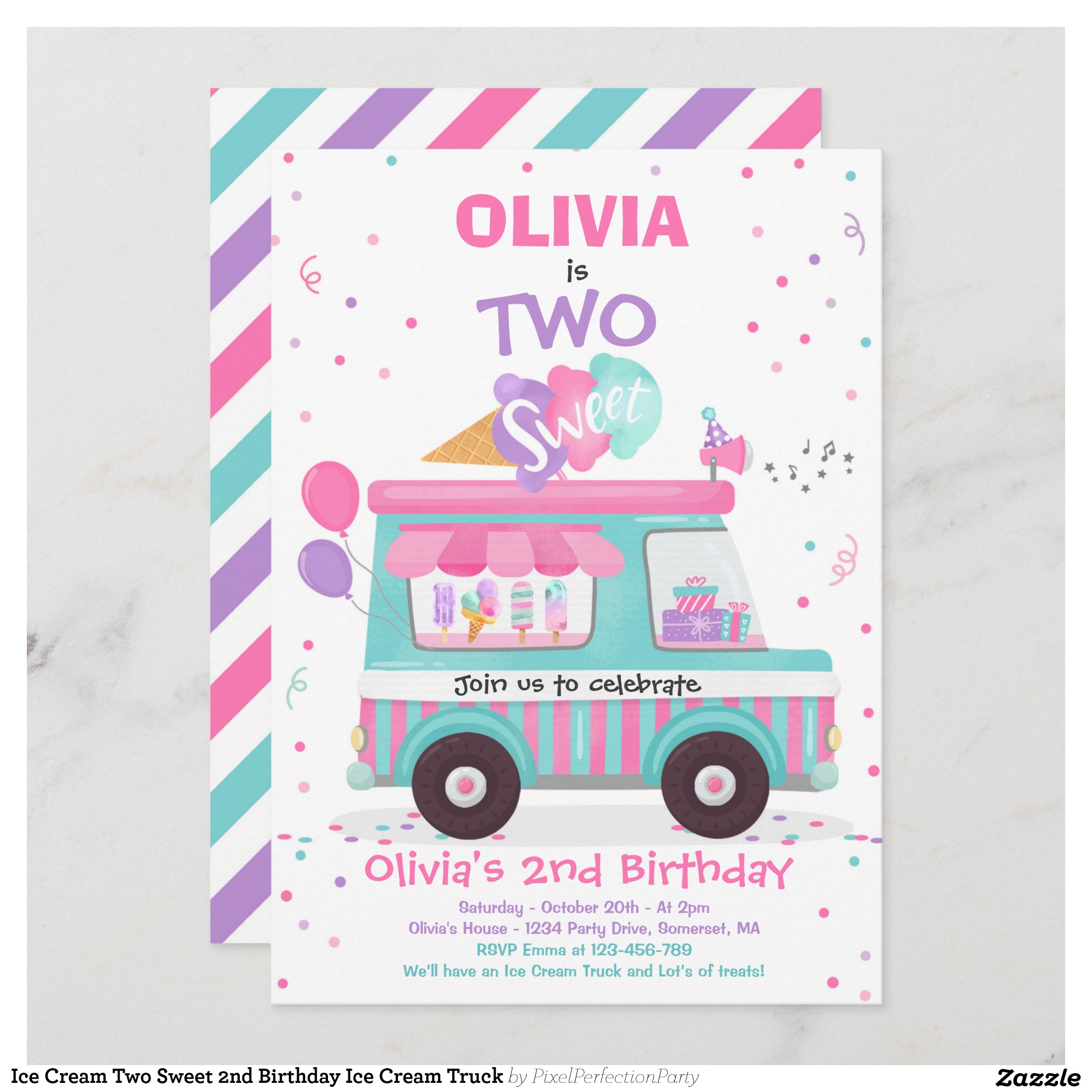 Ice Cream Two Sweet 2nd Birthday Ice Cream Truck Invitation