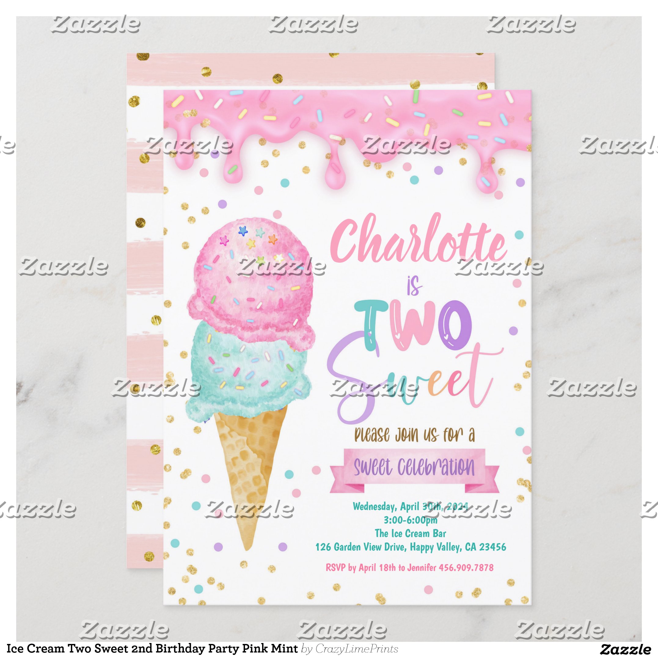 Ice Cream Two Sweet 2nd Birthday Party Pink Mint Invitation