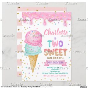 Ice Cream Two Sweet 2nd Birthday Party Pink Mint Invitation