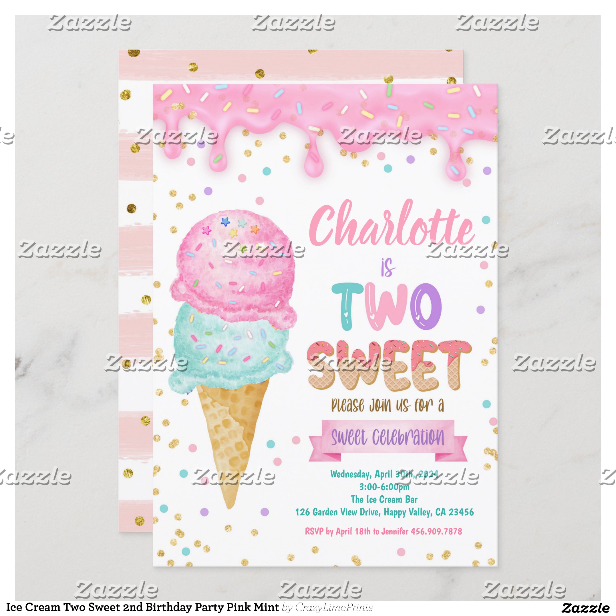 Ice Cream Two Sweet 2nd Birthday Party Pink Mint Invitation