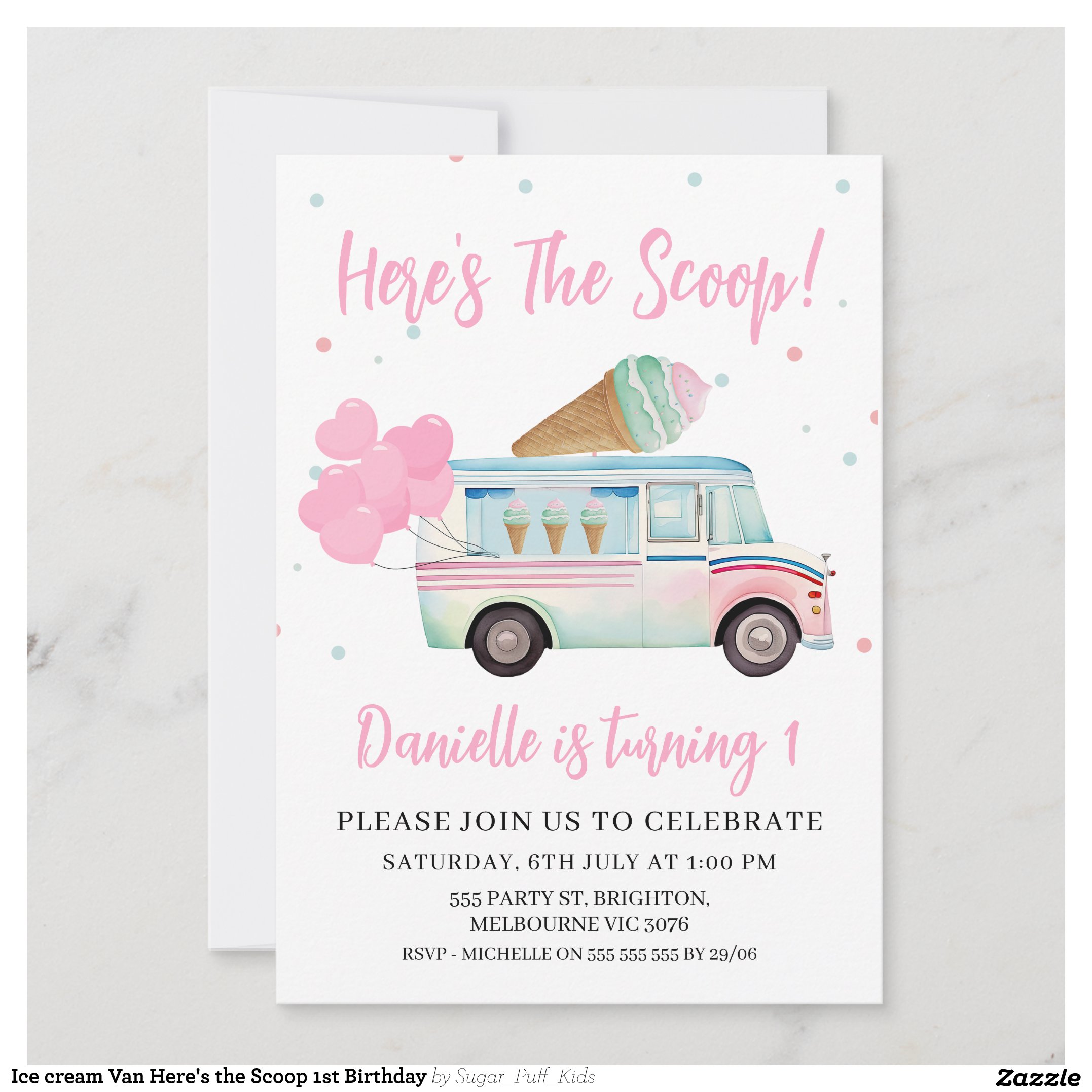 Ice cream Van Here's the Scoop 1st Birthday Invitation