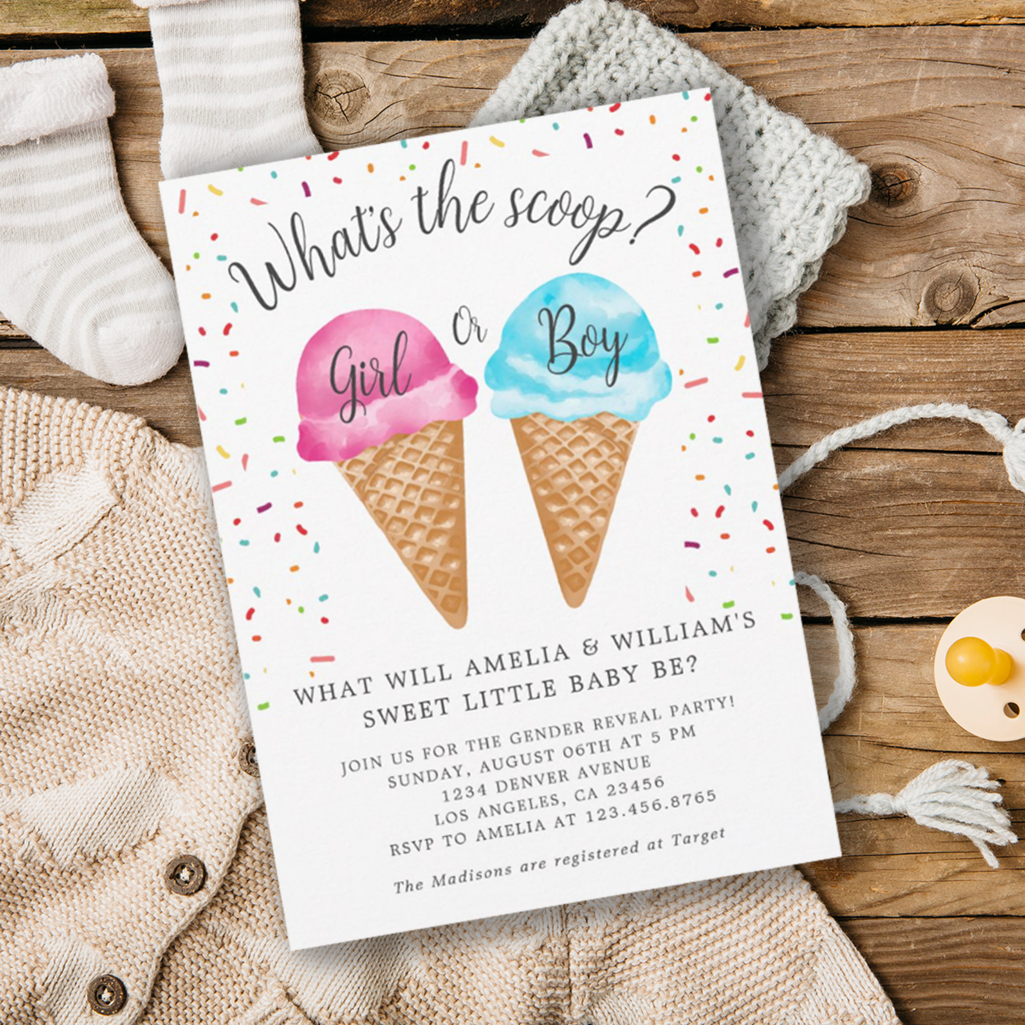 Ice Cream What's The Scoop Gender Reveal Party Invitation