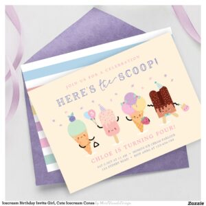 Icecream Birthday Invite Girl, Cute Icecream Cones