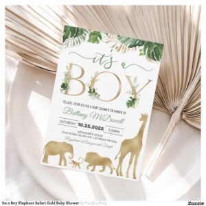 Its a Boy Elephant Safari Gold Baby Shower Invitation