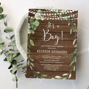 It's a Boy Rustic lights greenery wood baby shower Invitation
