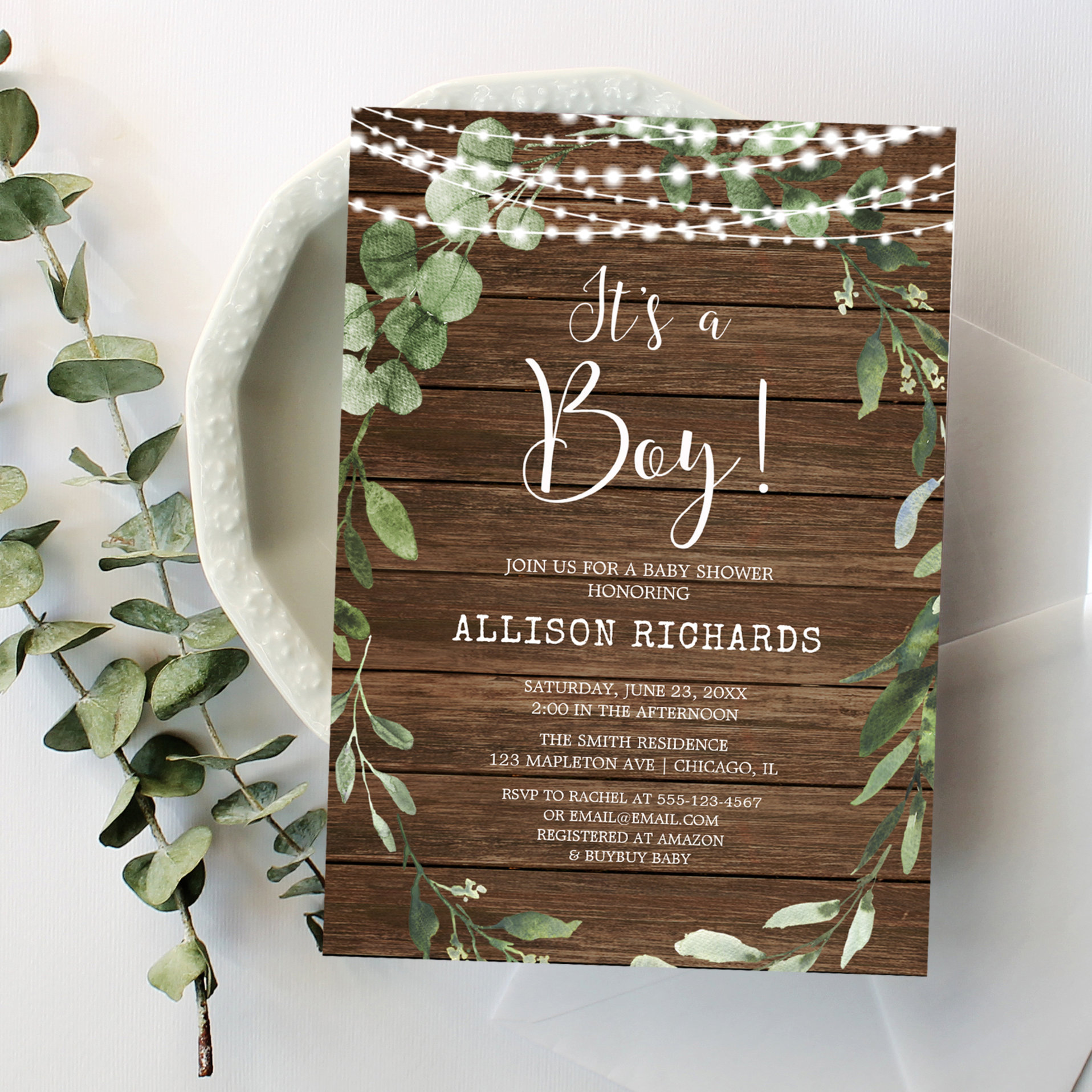 It's a Boy Rustic lights greenery wood baby shower Invitation