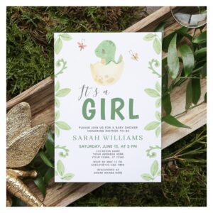 It's a Girl Green Dinosaur Watercolor Baby Shower Invitation
