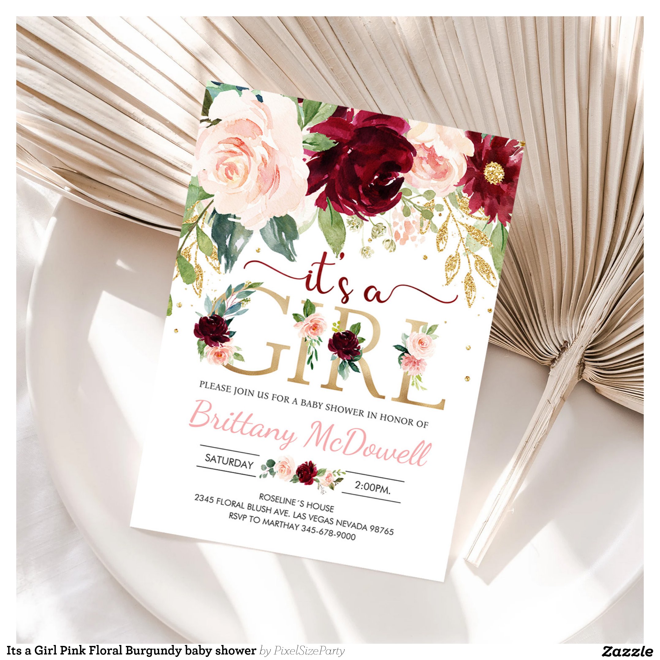 Its a Girl Pink Floral Burgundy baby shower Invitation