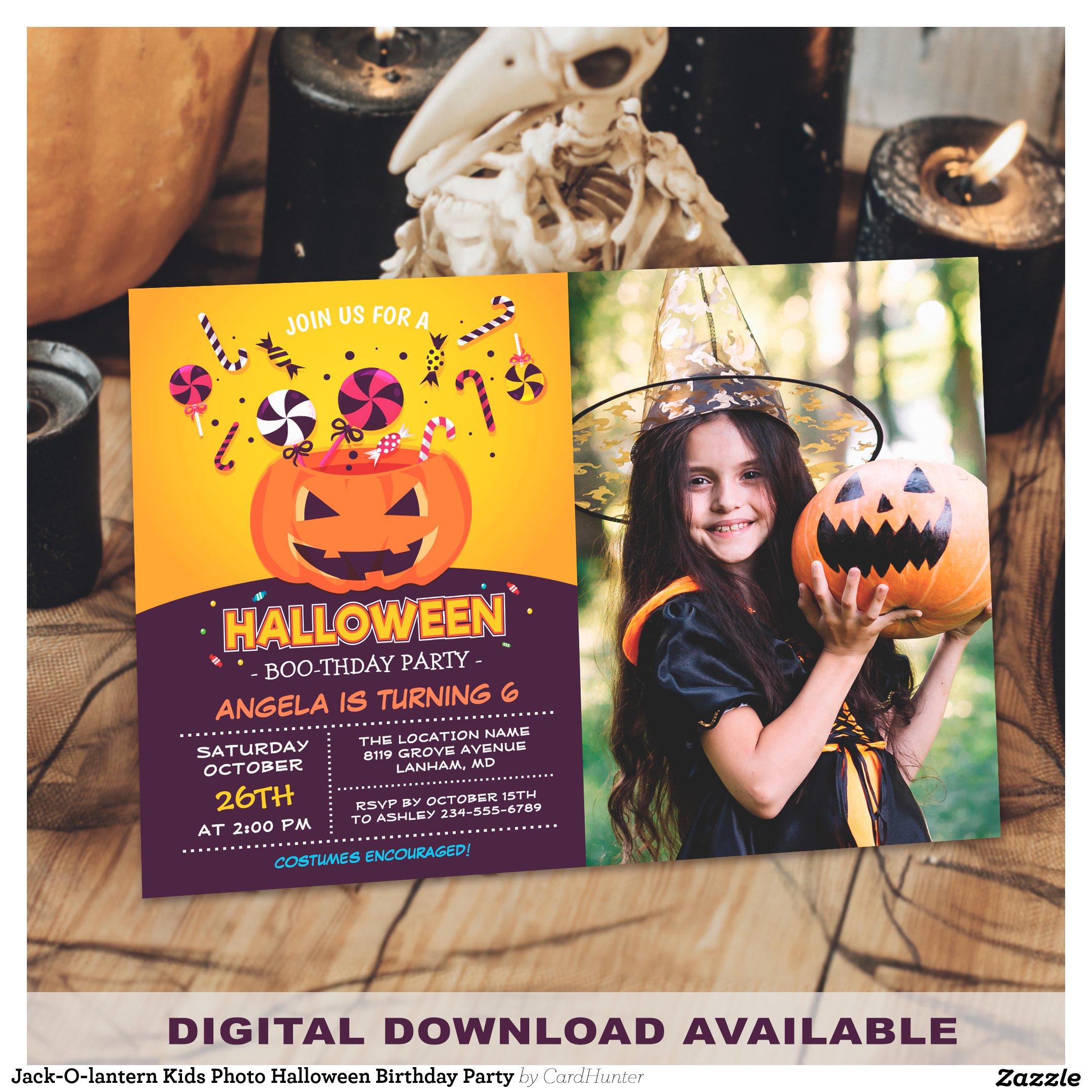 Jack-O-lantern Kids Photo Halloween Birthday Party Invitation