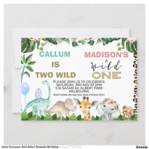 Joint Dinosaur And Safari Animals Birthday Invitation