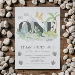 Jungle 1st Birthday Watercolor Dinosaur Party Invitation