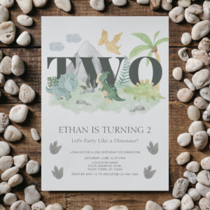 Jungle 2nd Birthday Watercolor Dinosaur Party Invitation