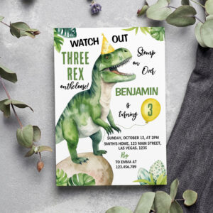 Jungle Dinosaur Three-rex Birthday Invitation