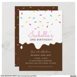 KIDS BIRTHDAY PARTY cake frosting drips sprinkles Invitation