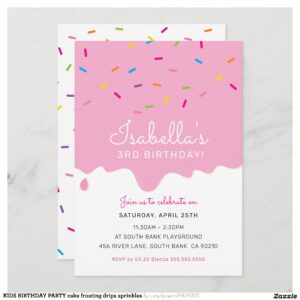 KIDS BIRTHDAY PARTY cake frosting drips sprinkles Invitation