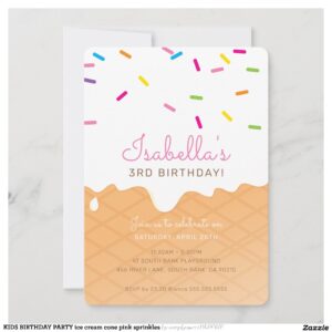KIDS BIRTHDAY PARTY ice cream cone pink sprinkles Invitation