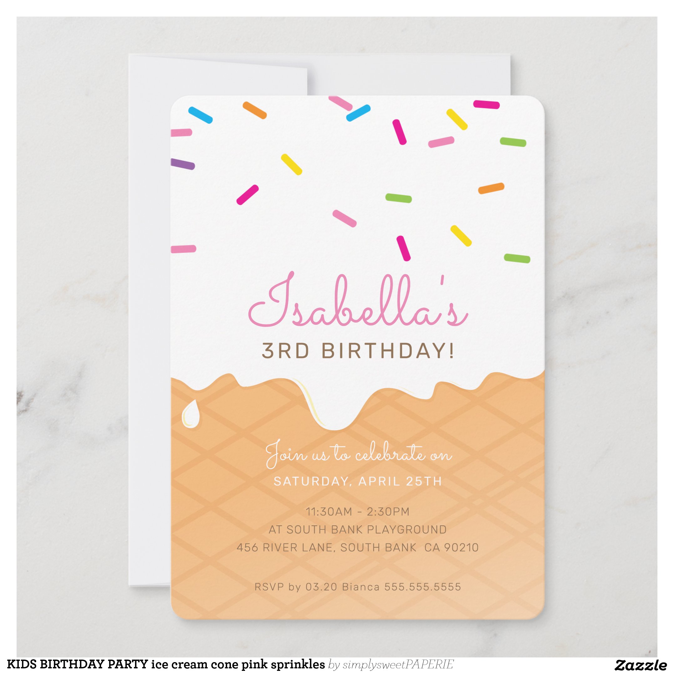 KIDS BIRTHDAY PARTY ice cream cone pink sprinkles Invitation