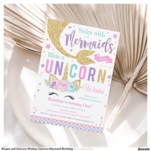 Kisses and Unicorn Wishes Unicorn Mermaid Birthday Invitation