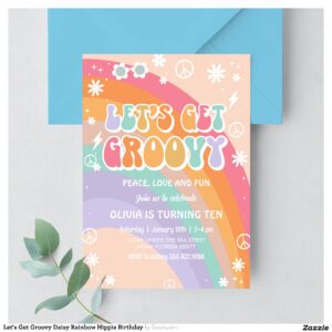 Let's Get Groovy Daisy Rainbow Hippie Birthday Invitation