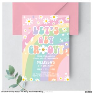 Let's Get Groovy Hippie 70s Party Rainbow Birthday Invitation