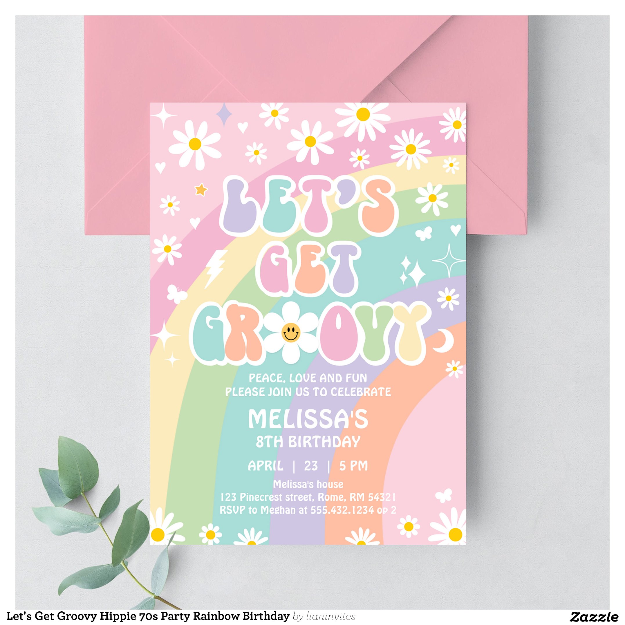 Let's Get Groovy Hippie 70s Party Rainbow Birthday Invitation