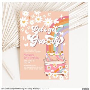 Let's Get Groovy Pink Groovy Van Daisy Birthday Invitation